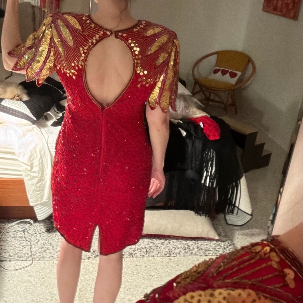 Laurence Kazar red gold 100% silk cocktail sequin beaded dress mini medium m